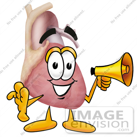 #24346 Clip Art Graphic of a Human Heart Cartoon Character Holding a Megaphone by toons4biz