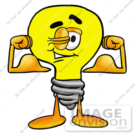 #24354 Clip Art Graphic of a Yellow Electric Lightbulb Cartoon Character Flexing His Arm Muscles by toons4biz