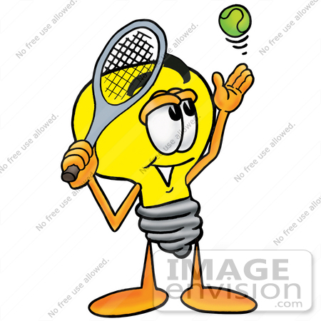 #24364 Clip Art Graphic of a Yellow Electric Lightbulb Cartoon Character Preparing to Hit a Tennis Ball by toons4biz