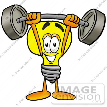 #24365 Clip Art Graphic of a Yellow Electric Lightbulb Cartoon Character Holding a Heavy Barbell Above His Head by toons4biz