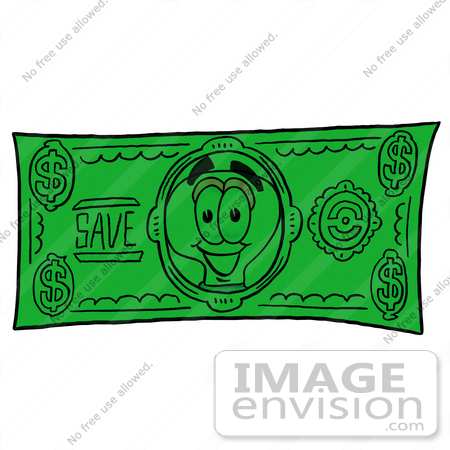 #24371 Clip Art Graphic of a Yellow Electric Lightbulb Cartoon Character on a Dollar Bill by toons4biz
