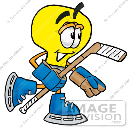 #24372 Clip Art Graphic of a Yellow Electric Lightbulb Cartoon Character Playing Ice Hockey by toons4biz