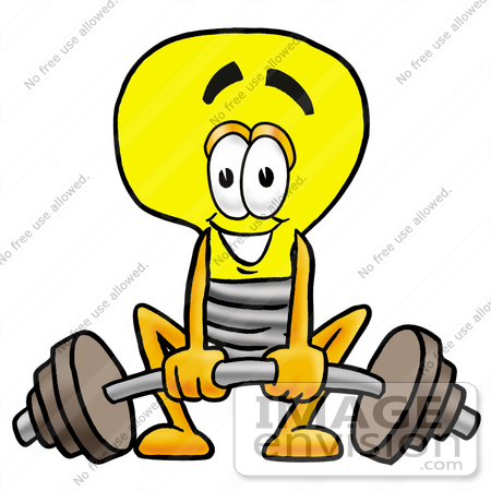 #24375 Clip Art Graphic of a Yellow Electric Lightbulb Cartoon Character Lifting a Heavy Barbell by toons4biz