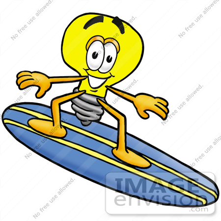#24377 Clip Art Graphic of a Yellow Electric Lightbulb Cartoon Character Surfing on a Blue and Yellow Surfboard by toons4biz