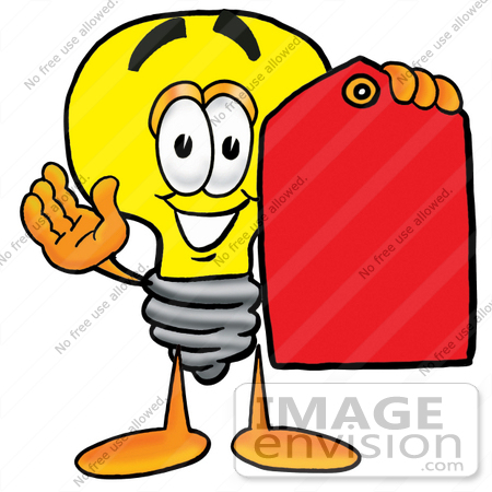 #24382 Clip Art Graphic of a Yellow Electric Lightbulb Cartoon Character Holding a Red Sales Price Tag by toons4biz