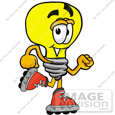#24394 Clip Art Graphic of a Yellow Electric Lightbulb Cartoon Character Roller Blading on Inline Skates by toons4biz