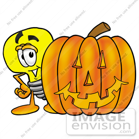 #24396 Clip Art Graphic of a Yellow Electric Lightbulb Cartoon Character With a Carved Halloween Pumpkin by toons4biz