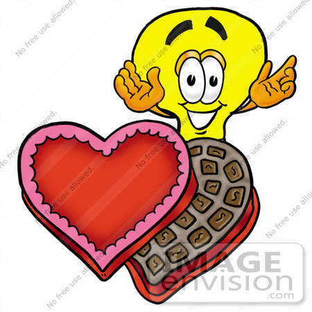 #24401 Clip Art Graphic of a Yellow Electric Lightbulb Cartoon Character With an Open Box of Valentines Day Chocolate Candies by toons4biz