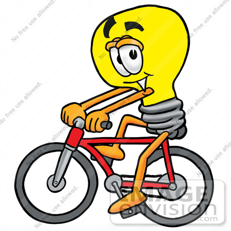 #24402 Clip Art Graphic of a Yellow Electric Lightbulb Cartoon Character Riding a Bicycle by toons4biz