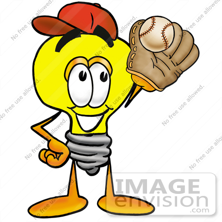 #24404 Clip Art Graphic of a Yellow Electric Lightbulb Cartoon Character Catching a Baseball With a Glove by toons4biz