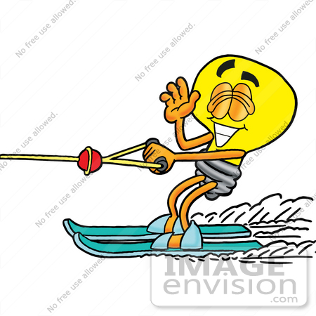 #24408 Clip Art Graphic of a Yellow Electric Lightbulb Cartoon Character Waving While Water Skiing by toons4biz