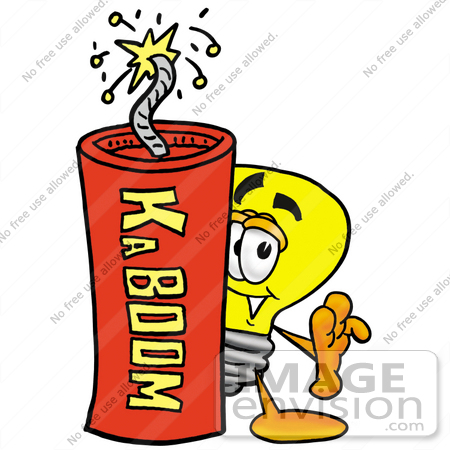 #24409 Clip Art Graphic of a Yellow Electric Lightbulb Cartoon Character Standing With a Lit Stick of Dynamite by toons4biz
