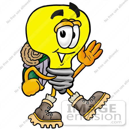 #24411 Clip Art Graphic of a Yellow Electric Lightbulb Cartoon Character Hiking and Carrying a Backpack by toons4biz