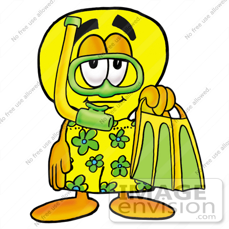 #24412 Clip Art Graphic of a Yellow Electric Lightbulb Cartoon Character in Green and Yellow Snorkel Gear by toons4biz