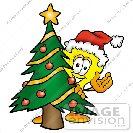 #24414 Clip Art Graphic of a Yellow Electric Lightbulb Cartoon Character Waving and Standing by a Decorated Christmas Tree by toons4biz