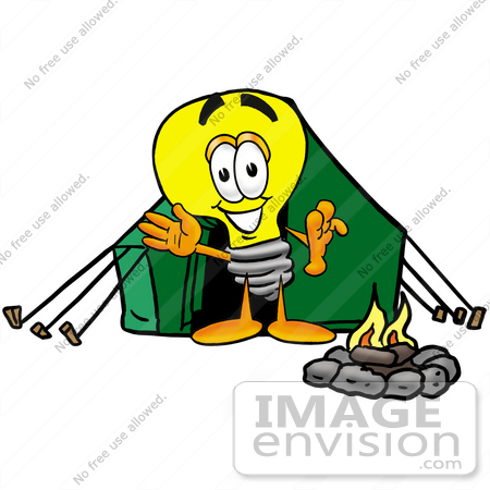 #24422 Clip Art Graphic of a Yellow Electric Lightbulb Cartoon Character Camping With a Tent and Fire by toons4biz