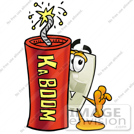 #24430 Clip Art Graphic of a White Electrical Light Switch Cartoon Character Standing With a Lit Stick of Dynamite by toons4biz