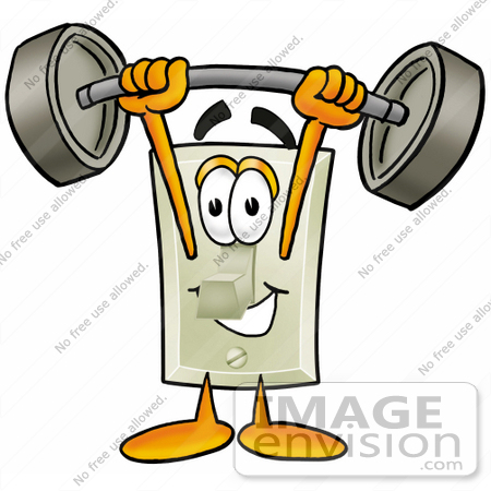 #24431 Clip Art Graphic of a White Electrical Light Switch Cartoon Character Holding a Heavy Barbell Above His Head by toons4biz