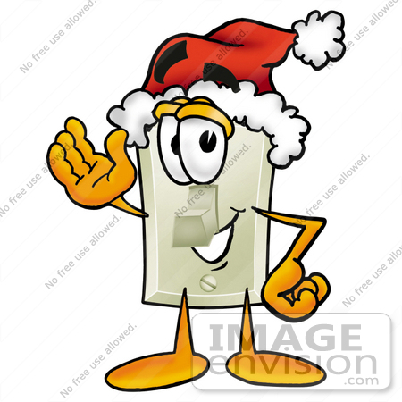 #24432 Clip Art Graphic of a White Electrical Light Switch Cartoon Character Wearing a Santa Hat and Waving by toons4biz