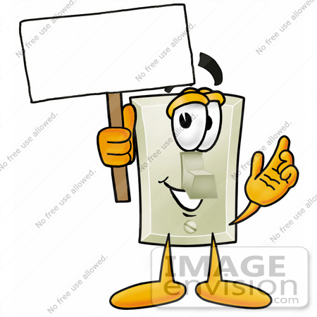 #24437 Clip Art Graphic of a White Electrical Light Switch Cartoon Character Holding a Blank Sign by toons4biz