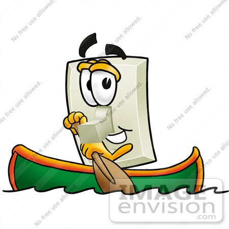 #24439 Clip Art Graphic of a White Electrical Light Switch Cartoon Character Rowing a Boat by toons4biz