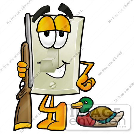 #24440 Clip Art Graphic of a White Electrical Light Switch Cartoon Character Duck Hunting, Standing With a Rifle and Duck by toons4biz