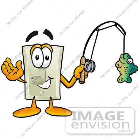 #24445 Clip Art Graphic of a White Electrical Light Switch Cartoon Character Holding a Fish on a Fishing Pole by toons4biz