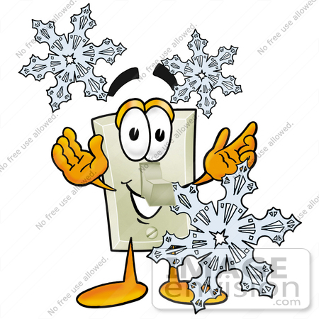 #24447 Clip Art Graphic of a White Electrical Light Switch Cartoon Character With Three Snowflakes in Winter by toons4biz