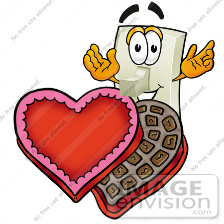 #24451 Clip Art Graphic of a White Electrical Light Switch Cartoon Character With an Open Box of Valentines Day Chocolate Candies by toons4biz