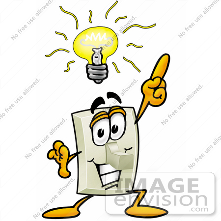 #24455 Clip Art Graphic of a White Electrical Light Switch Cartoon Character With a Bright Idea by toons4biz