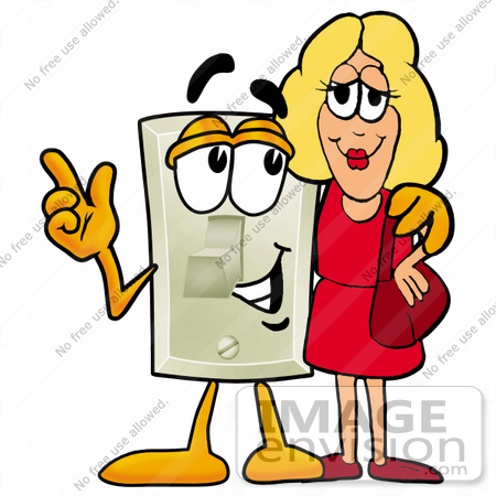 #24458 Clip Art Graphic of a White Electrical Light Switch Cartoon Character Talking to a Pretty Blond Woman by toons4biz