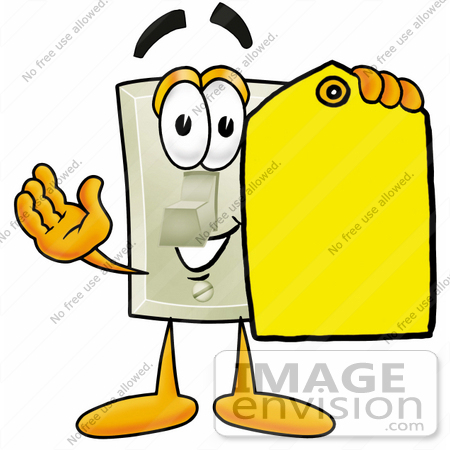 #24460 Clip Art Graphic of a White Electrical Light Switch Cartoon Character Holding a Yellow Sales Price Tag by toons4biz