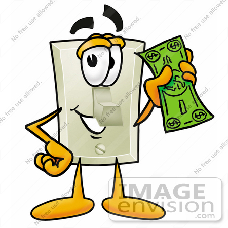 #24461 Clip Art Graphic of a White Electrical Light Switch Cartoon Character Holding a Dollar Bill by toons4biz