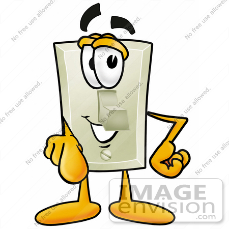 #24462 Clip Art Graphic of a White Electrical Light Switch Cartoon Character Pointing at the Viewer by toons4biz