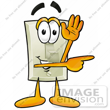 #24466 Clip Art Graphic of a White Electrical Light Switch Cartoon Character Waving and Pointing by toons4biz