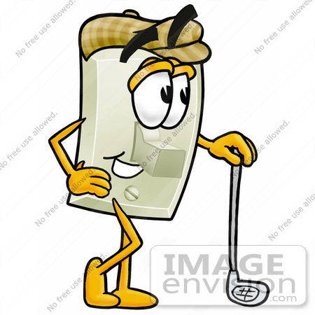 #24467 Clip Art Graphic of a White Electrical Light Switch Cartoon Character Leaning on a Golf Club While Golfing by toons4biz