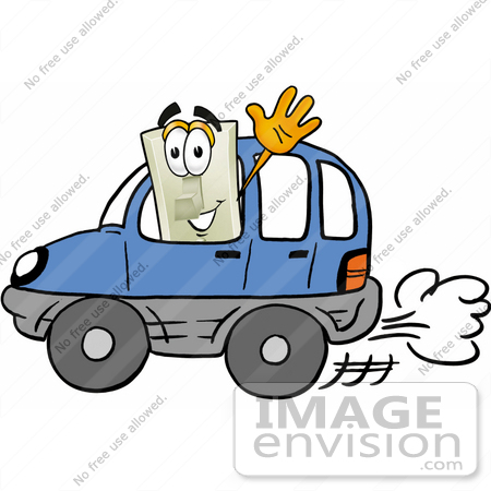 #24471 Clip Art Graphic of a White Electrical Light Switch Cartoon Character Driving a Blue Car and Waving by toons4biz