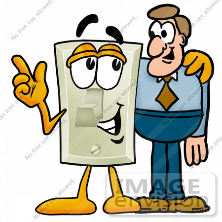 #24473 Clip Art Graphic of a White Electrical Light Switch Cartoon Character Talking to a Business Man by toons4biz