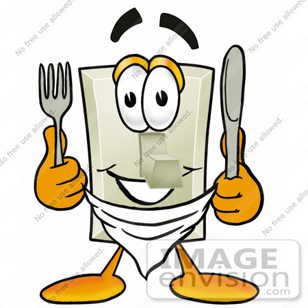 #24475 Clip Art Graphic of a White Electrical Light Switch Cartoon Character Holding a Knife and Fork by toons4biz