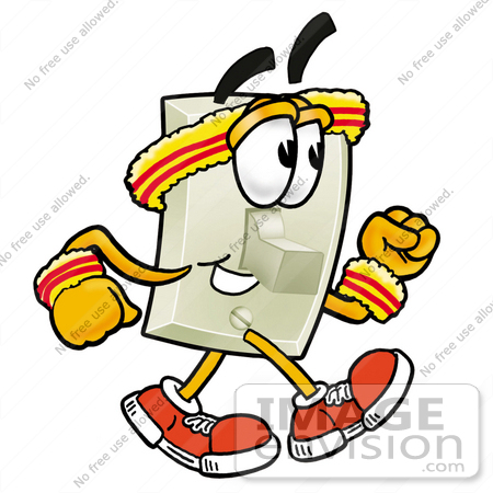 #24477 Clip Art Graphic of a White Electrical Light Switch Cartoon Character Speed Walking or Jogging by toons4biz