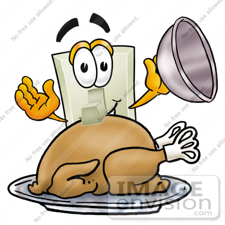 #24483 Clip Art Graphic of a White Electrical Light Switch Cartoon Character Serving a Thanksgiving Turkey on a Platter by toons4biz