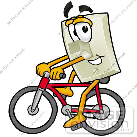 #24484 Clip Art Graphic of a White Electrical Light Switch Cartoon Character Riding a Bicycle by toons4biz