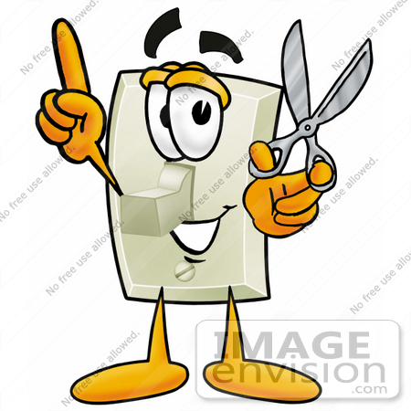 #24485 Clip Art Graphic of a White Electrical Light Switch Cartoon Character Holding a Pair of Scissors by toons4biz