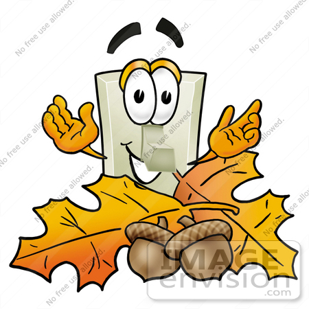 #24495 Clip Art Graphic of a White Electrical Light Switch Cartoon Character With Autumn Leaves and Acorns in the Fall by toons4biz