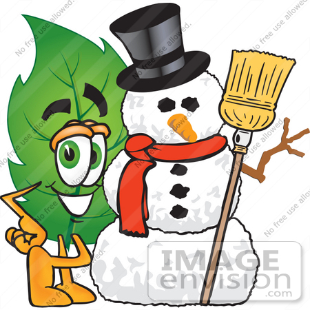 #24508 Clip Art Graphic of a Green Tree Leaf Cartoon Character With a Snowman on Christmas by toons4biz