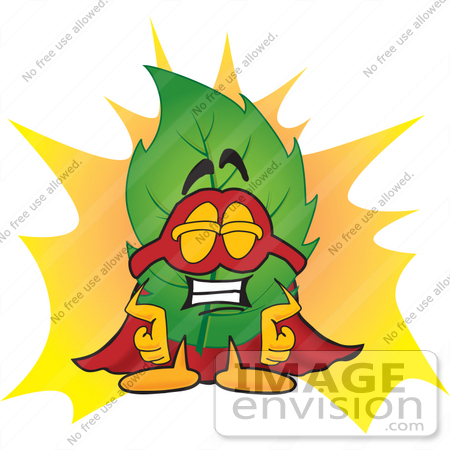 #24521 Clip Art Graphic of a Green Tree Leaf Cartoon Character Dressed as a Super Hero by toons4biz
