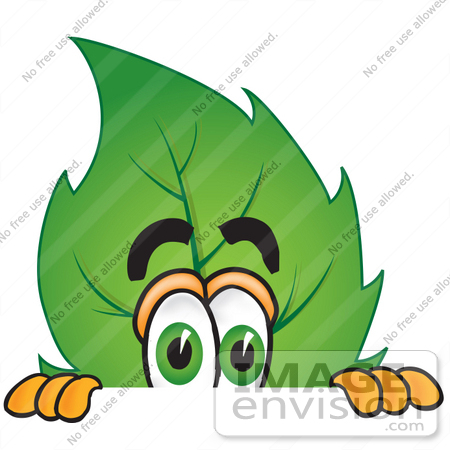 #24531 Clip Art Graphic of a Green Tree Leaf Cartoon Character Peeking Over a Surface by toons4biz
