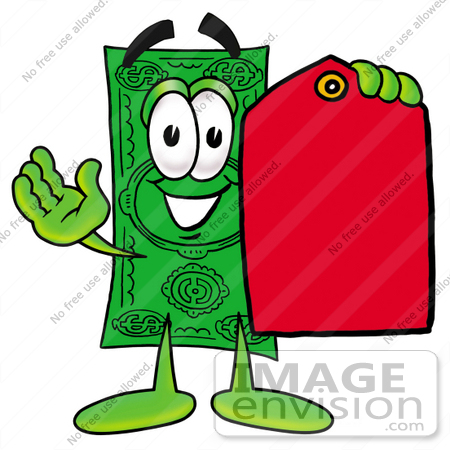 #24549 Clip Art Graphic of a Flat Green Dollar Bill Cartoon Character Holding a Red Sales Price Tag by toons4biz