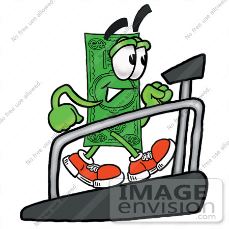#24551 Clip Art Graphic of a Flat Green Dollar Bill Cartoon Character Walking on a Treadmill in a Fitness Gym by toons4biz