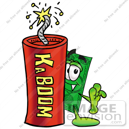 #24552 Clip Art Graphic of a Flat Green Dollar Bill Cartoon Character Standing With a Lit Stick of Dynamite by toons4biz